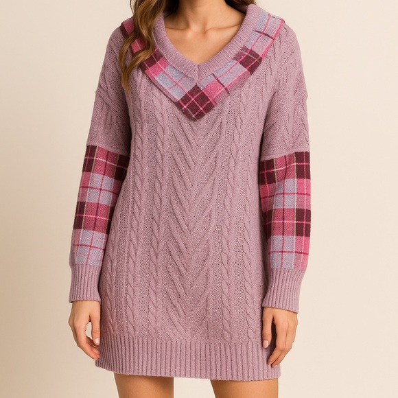 POL Sweaters - POL Pink and Brown Plaid Sweater Dress